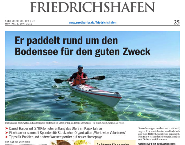 Zeitungsartikel - mit dem Kajak um den Bodensee - Südrkurier 03-06-2019